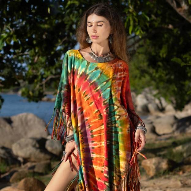 Hand Dyed Autumn Burst Tie-Dye Fringe Tunic Dress