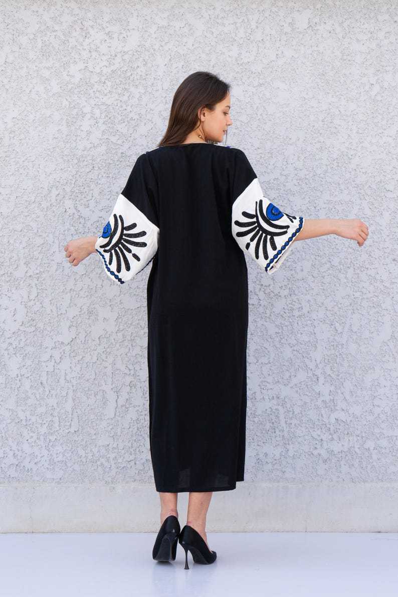 Beautiful Greek Eye Black Linen/Poly Caftan