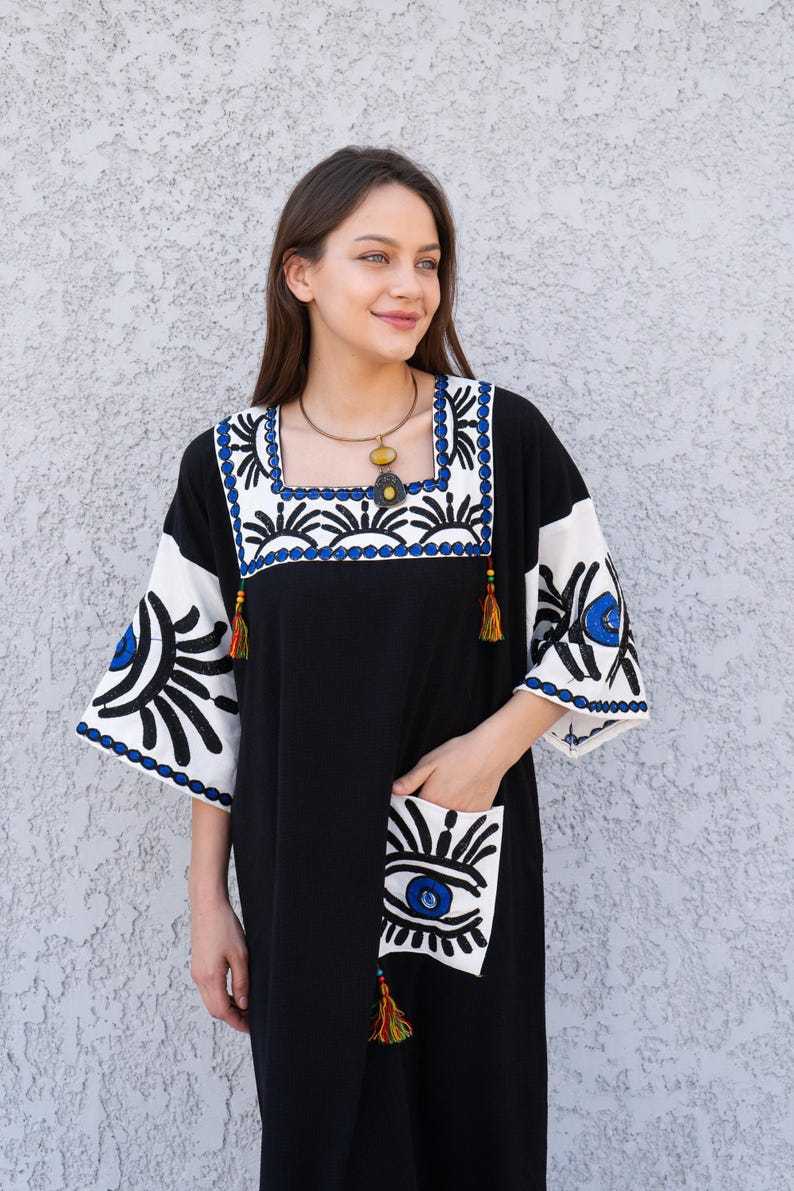 Beautiful Greek Eye Black Linen/Poly Caftan