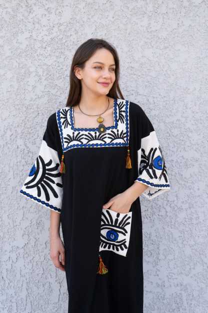 Beautiful Greek Eye Black Linen/Poly Caftan