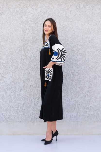 Beautiful Greek Eye Black Linen/Poly Caftan
