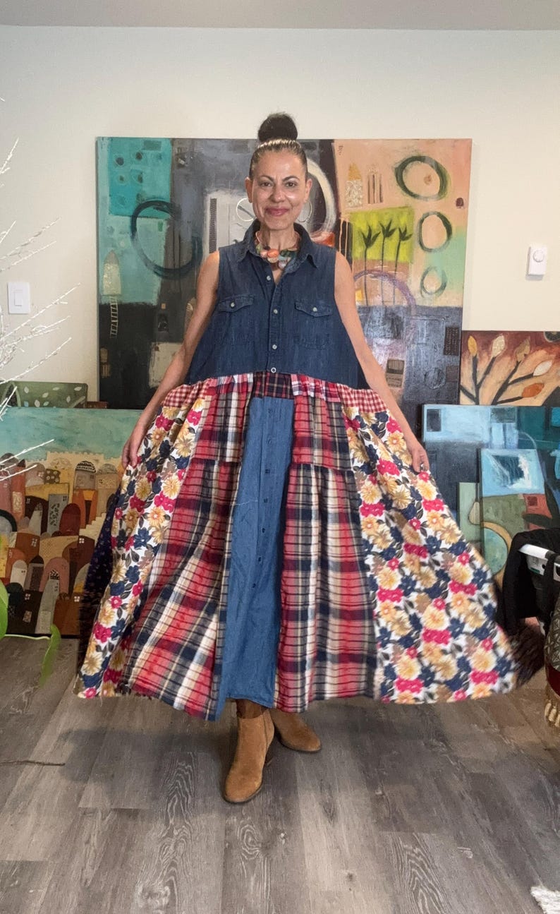 Sleeveless Boho Denim Patchwork Maxi Dress