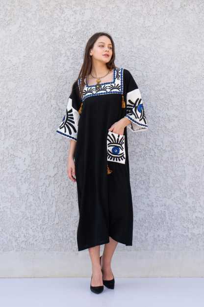 Beautiful Greek Eye Black Linen/Poly Caftan