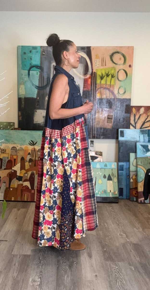 Sleeveless Boho Denim Patchwork Maxi Dress