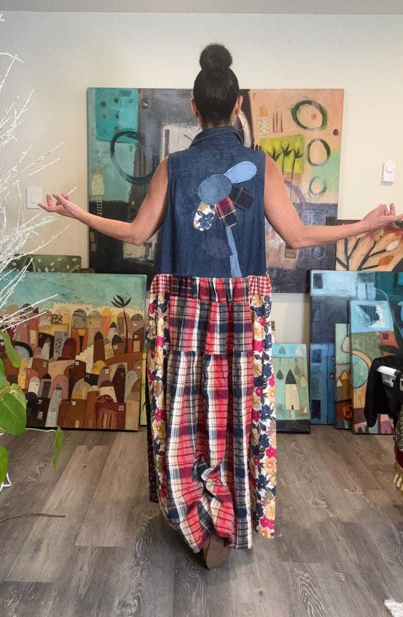 Sleeveless Boho Denim Patchwork Maxi Dress