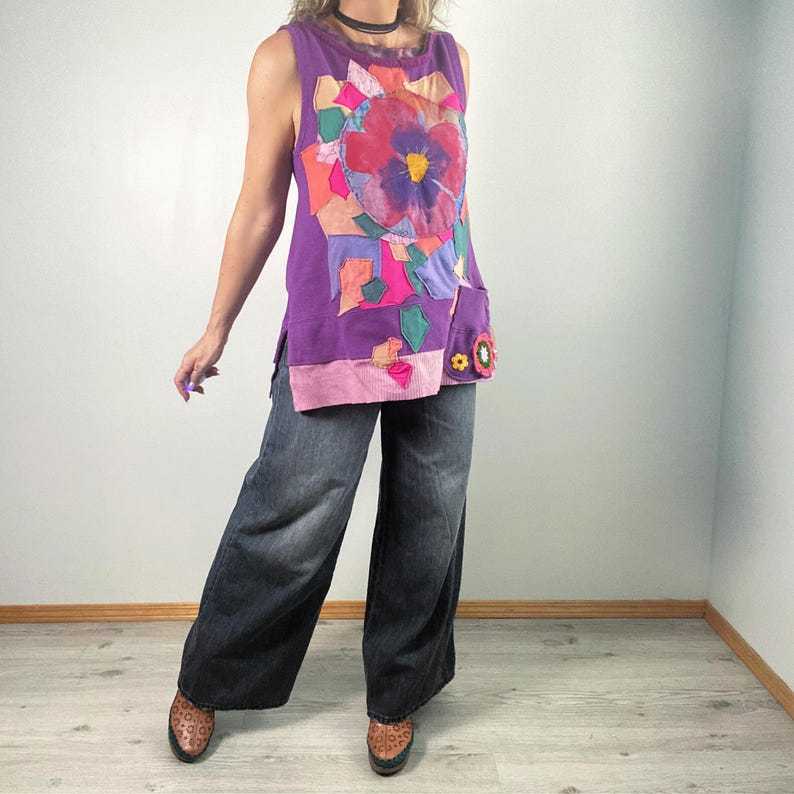 Colorful Art Shirt Boho Women's Wear A-Line Tunic Mosaic Patchwork Top Oversize Tank Shirt With Pocket L XL 1X 'HALLIE'