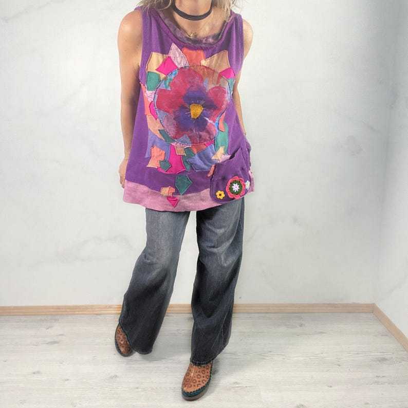 Colorful Art Shirt Boho Women's Wear A-Line Tunic Mosaic Patchwork Top Oversize Tank Shirt With Pocket L XL 1X 'HALLIE'