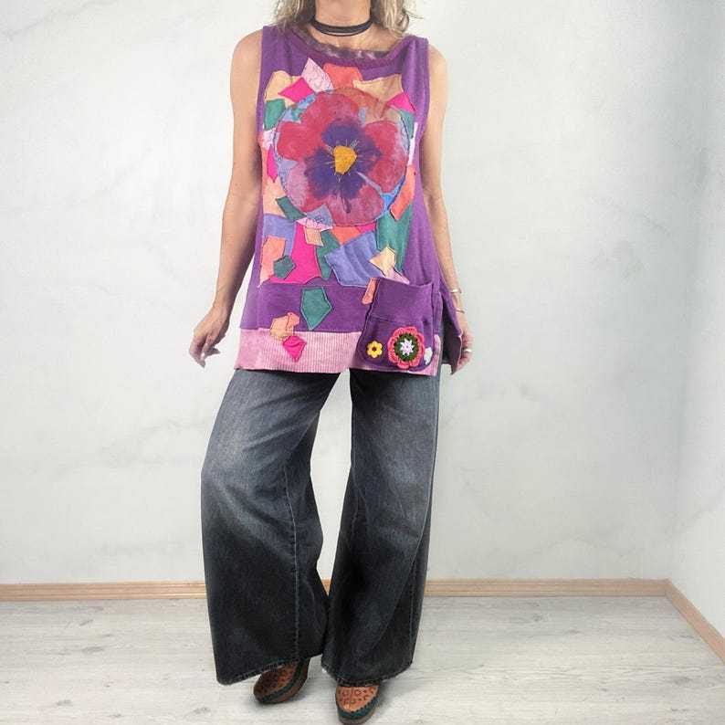 Colorful Art Shirt Boho Women's Wear A-Line Tunic Mosaic Patchwork Top