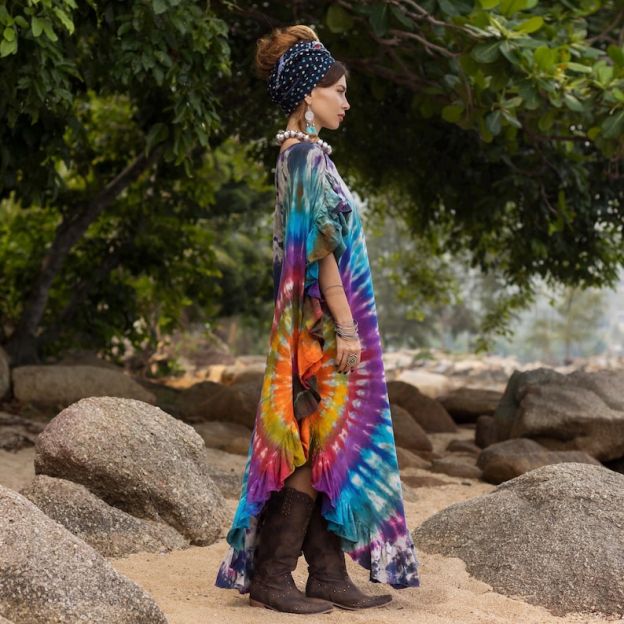 Boho Tie Dye Kaftan Dress in Moonbow Dune Rainbow