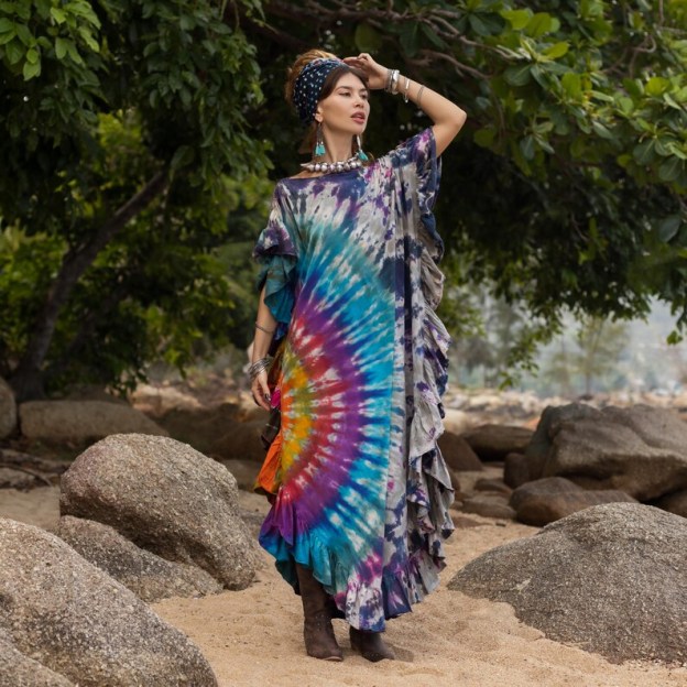 Boho Tie Dye Kaftan Dress in Moonbow Dune Rainbow
