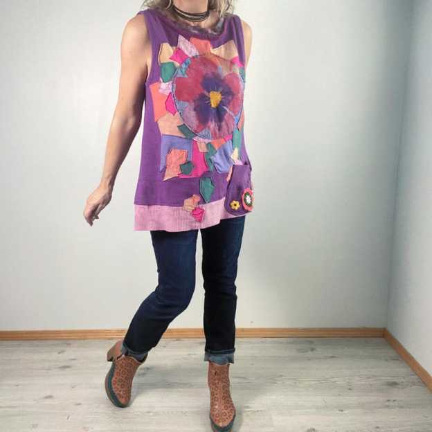 Colorful Art Shirt Boho Women's Wear A-Line Tunic Mosaic Patchwork Top Oversize Tank Shirt With Pocket L XL 1X 'HALLIE'