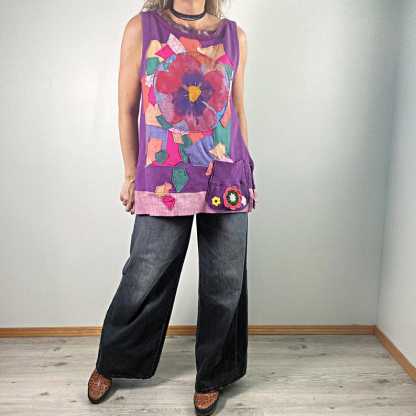 Colorful Art Shirt Boho Women's Wear A-Line Tunic Mosaic Patchwork Top Oversize Tank Shirt With Pocket L XL 1X 'HALLIE'