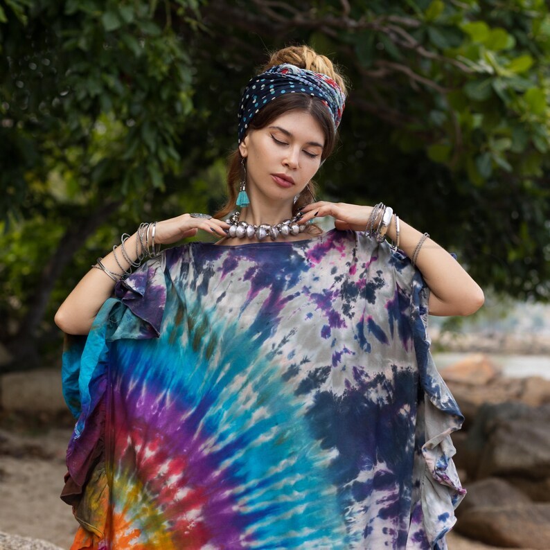 Boho Tie Dye Kaftan Dress in Moonbow Dune Rainbow