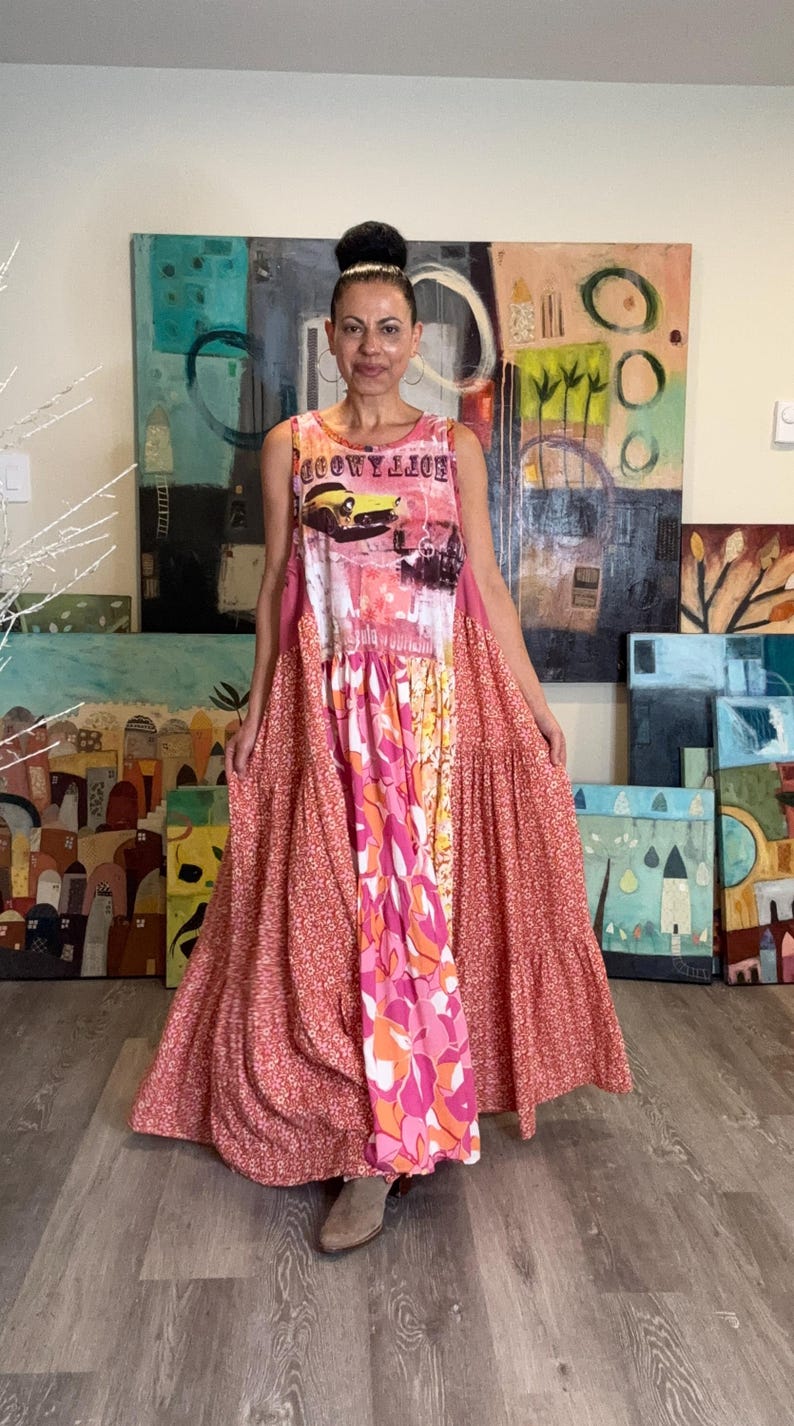 Upcycled Sleeveless Colorful Boho Maxi Dress