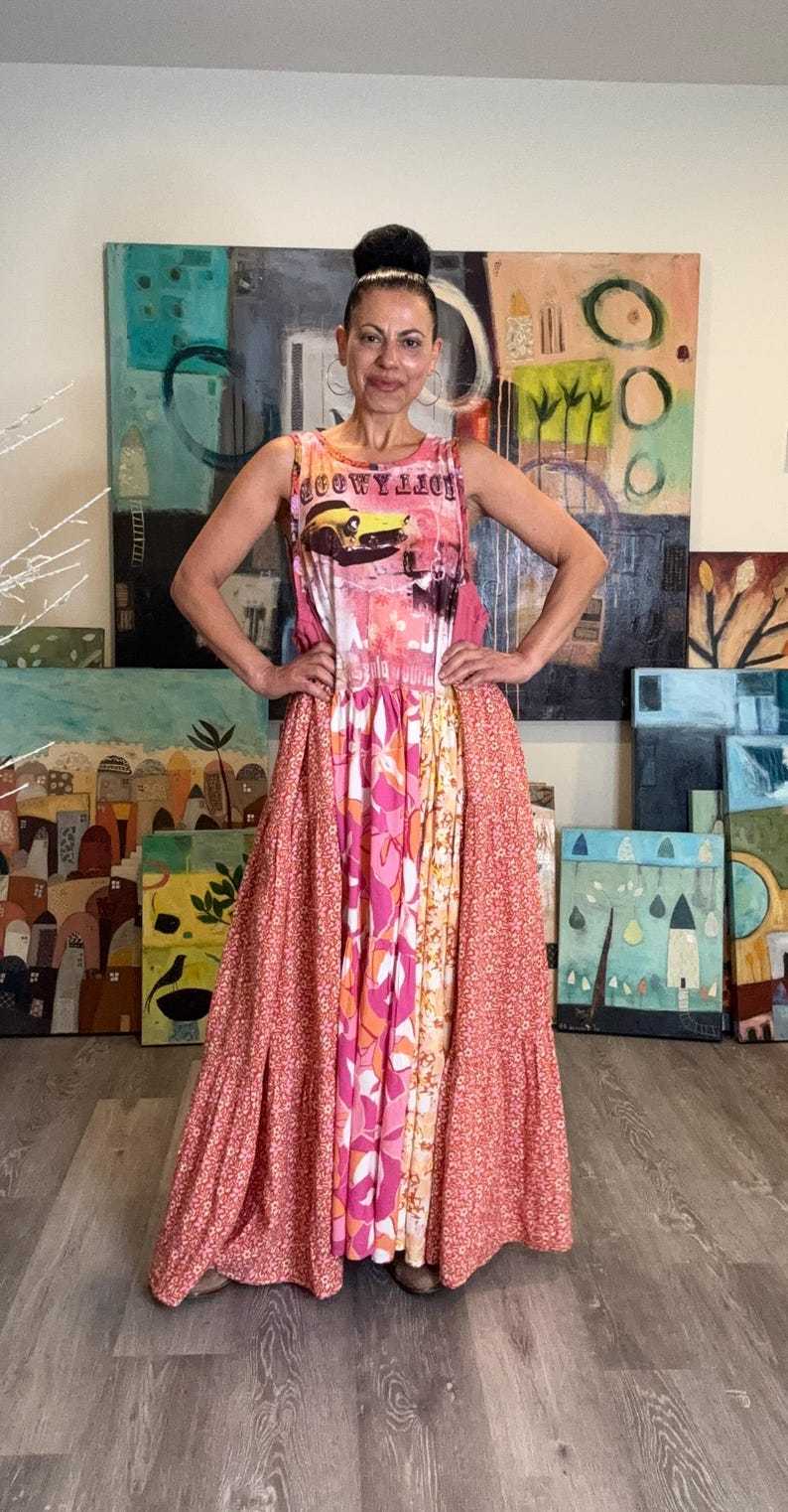 Upcycled Sleeveless Colorful Boho Maxi Dress