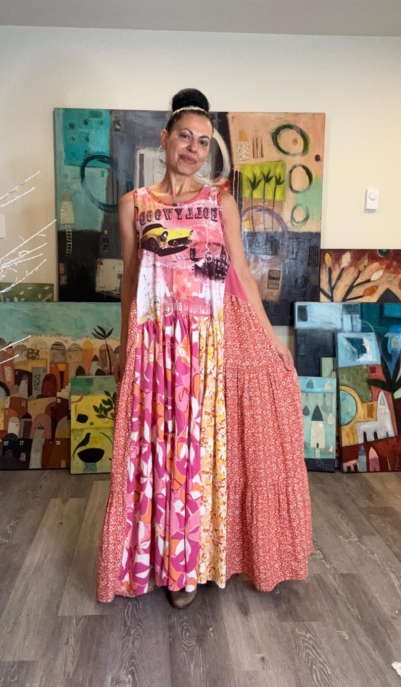 Upcycled Sleeveless Colorful Boho Maxi Dress