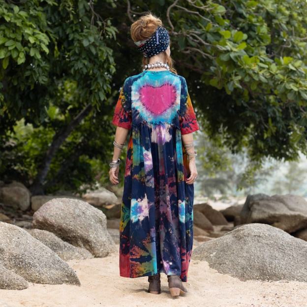 Plus Size Tie Dye Kaftan Dress in Cosmic Heart Bloom