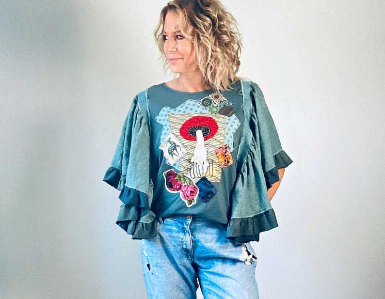Fairycore Womens Top Flare Wide Flowy Sleeves Bohemian Clothing Upcycled Tunic Gypsy Wanderer Boho Shirt Toadstool Swing Top M L XL 'LEAH'