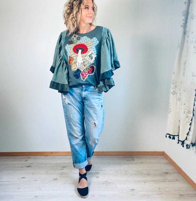 Fairycore Womens Top Flare Wide Flowy Sleeves Bohemian Clothing Upcycled Tunic Gypsy Wanderer Boho Shirt Toadstool Swing Top M L XL 'LEAH'