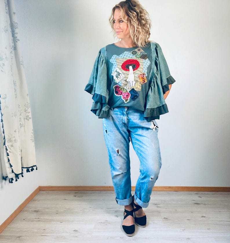 Fairycore Womens Top Flare Wide Flowy Sleeves Bohemian Clothing Upcycled Tunic Gypsy Wanderer Boho Shirt Toadstool Swing Top M L XL 'LEAH'