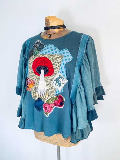 Fairycore Womens Top Flare Wide Flowy Sleeves Bohemian Clothing Upcycled Tunic Gypsy Wanderer Boho Shirt Toadstool Swing Top M L XL 'LEAH'