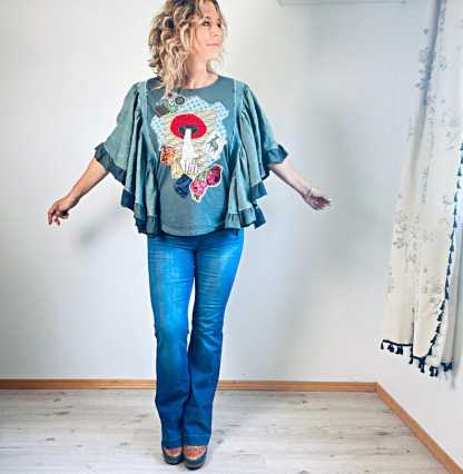 Fairycore Womens Top Flare Wide Flowy Sleeves Bohemian Clothing Upcycled Tunic Gypsy Wanderer Boho Shirt Toadstool Swing Top M L XL 'LEAH'