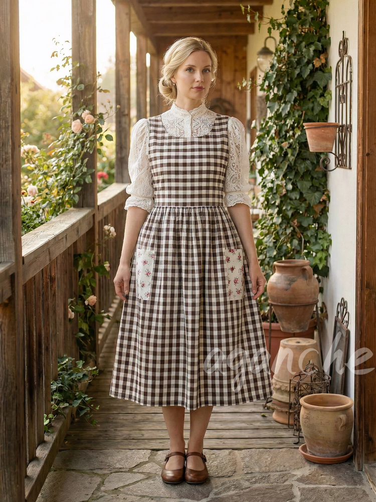 Vintage Brown & White Plaid Long Apron with Floral Pockets