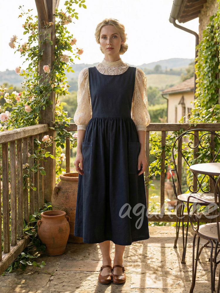 Vintage Navy Blue Solid Long Apron