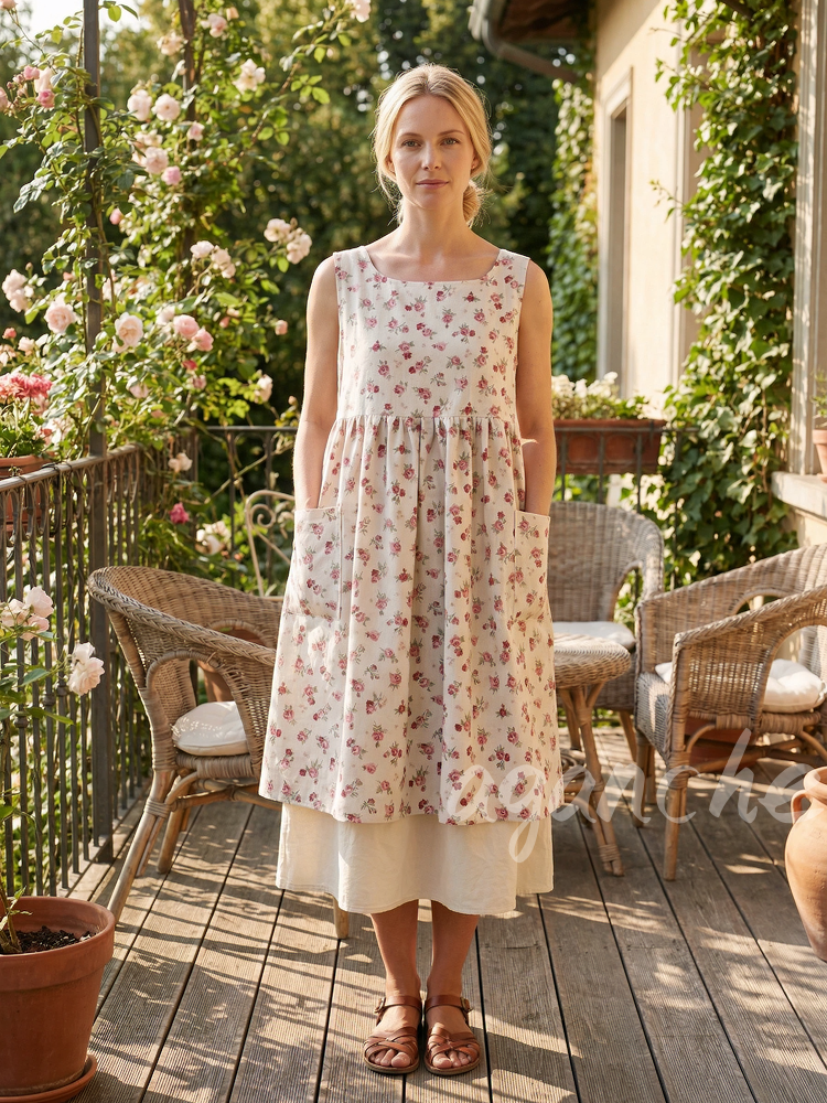 Vintage Beige Base Pink Floral Print Long Apron