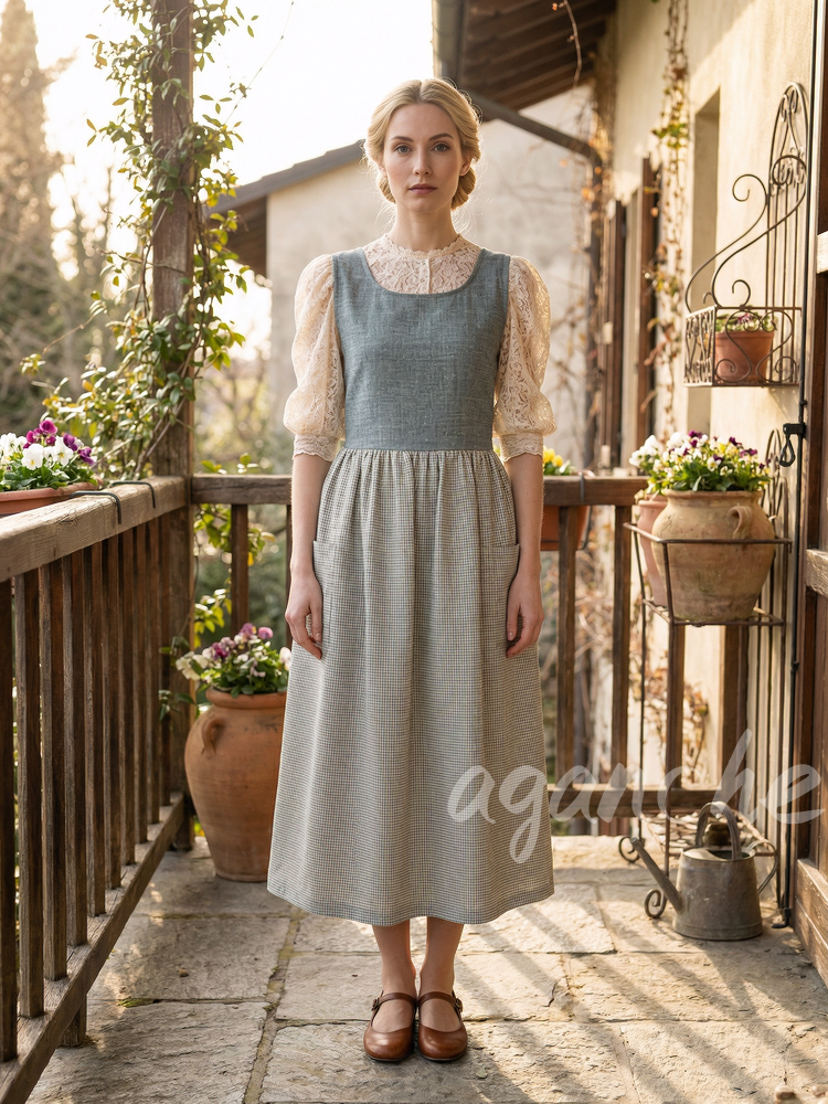 Vintage Grey Textured & Light Gray Plaid Patchwork Long Apron