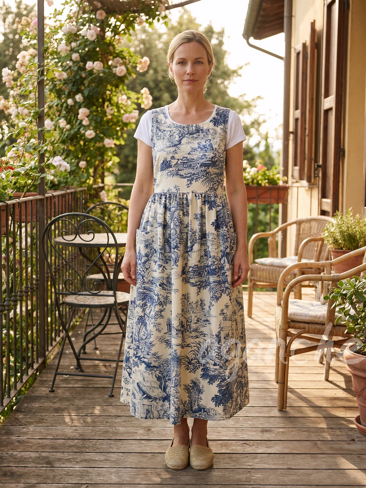 Vintage Blue & White Pastoral Landscape Print Long Apron