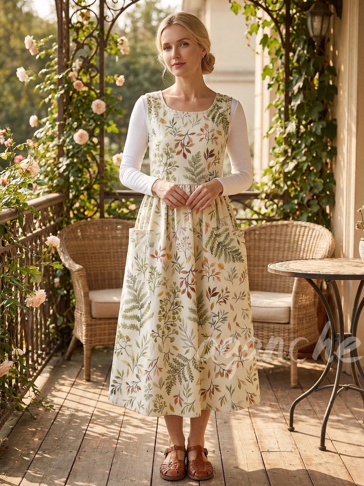 Vintage Forest-Style Leaf Print Apron & Dress (2-in-1)