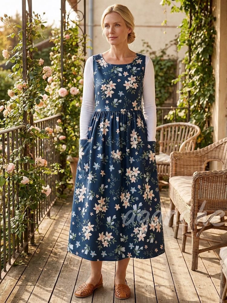 Blue Background White Flowers Printed Apron & Dress (2-in-1)