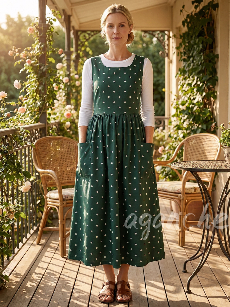 Vintage Dark Green White Polka Dot Long Apron & Dress (2-in-1)