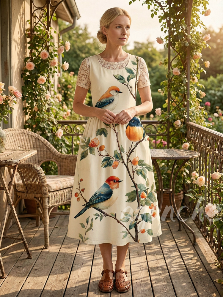 Perched Birds Natural Print Apron & Dress (2-in-1)