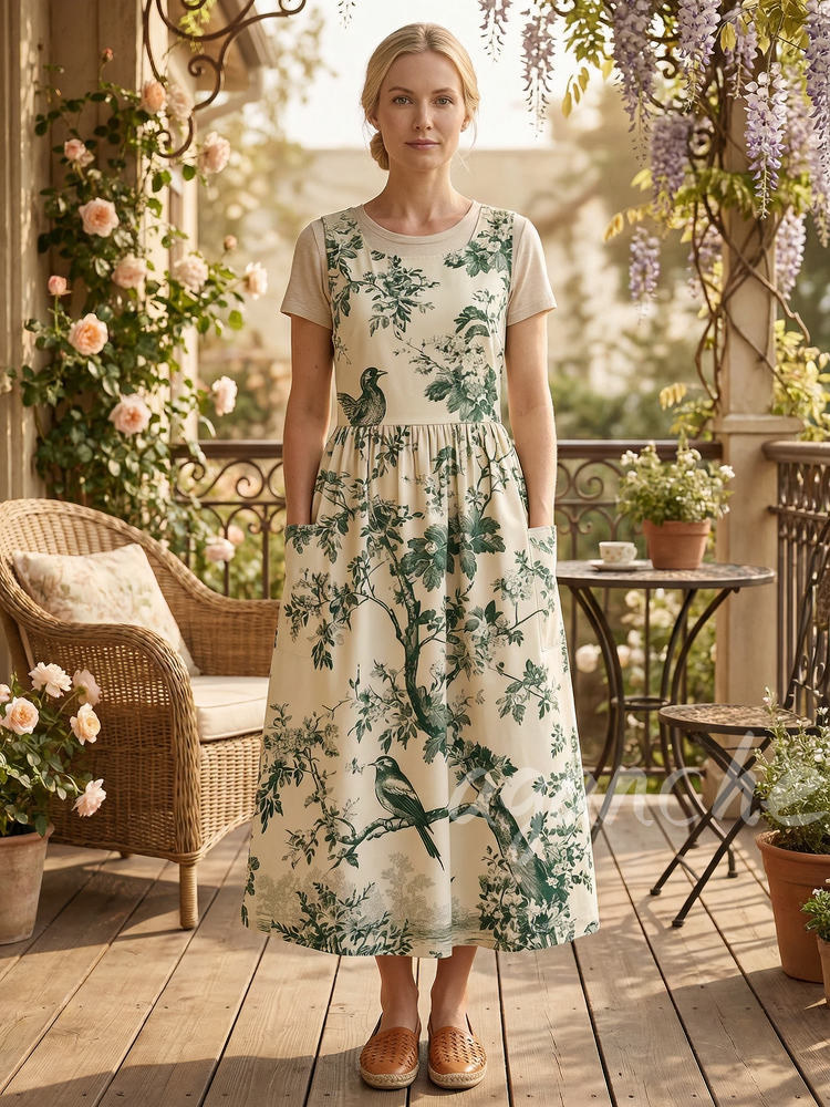 Forest Birds Printed Apron & Dress (2-in-1)