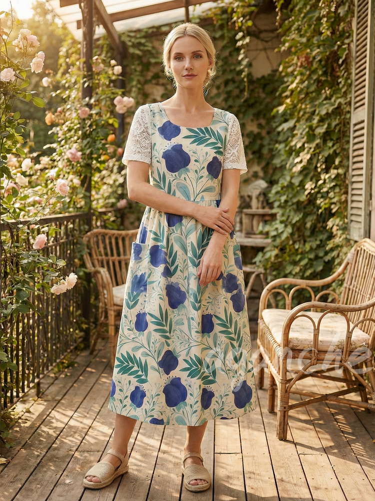 Vintage Blue Floral Print Long Apron & Dress (2-in-1)