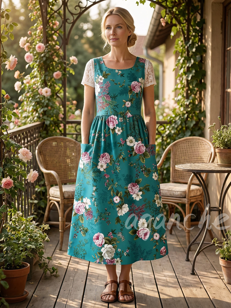 Emerald Floral Printed Apron & Dress (2-in-1)