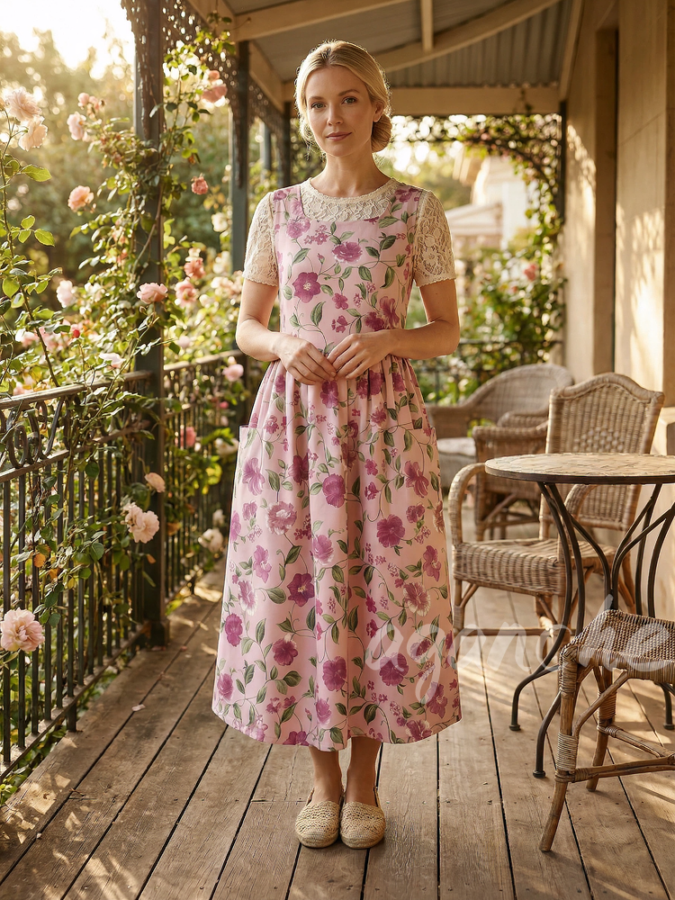 Vintage Pink-Base Magenta Floral Print Long Apron & Dress (2-in-1)