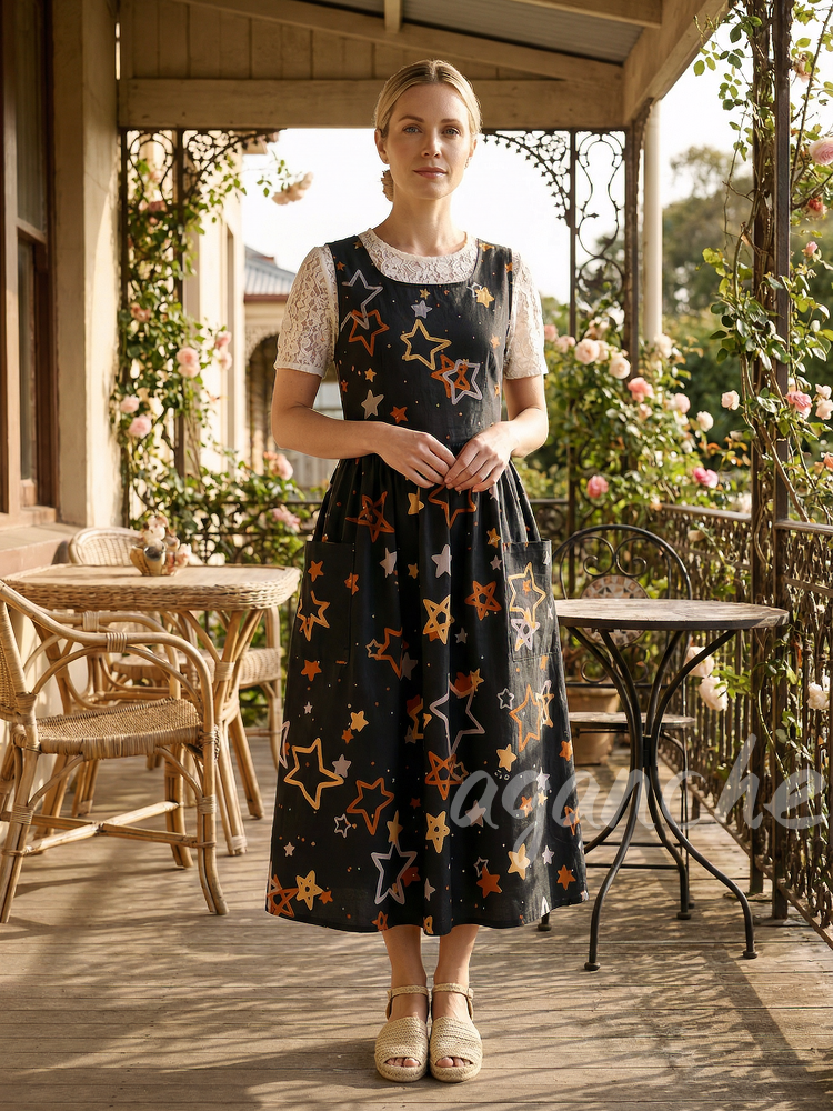 Vintage Black-Base Colorful Star Print Long Apron & Dress (2-in-1)