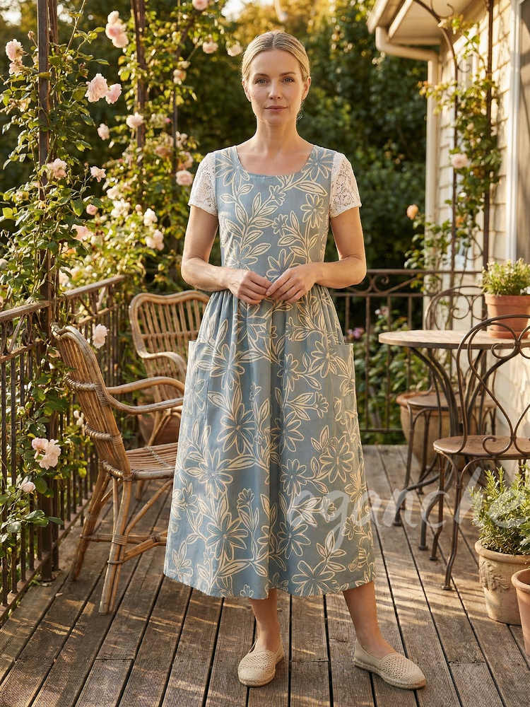 Vintage Light Blue Hand-Drawn Floral Print Long Apron & Dress (2-in-1)