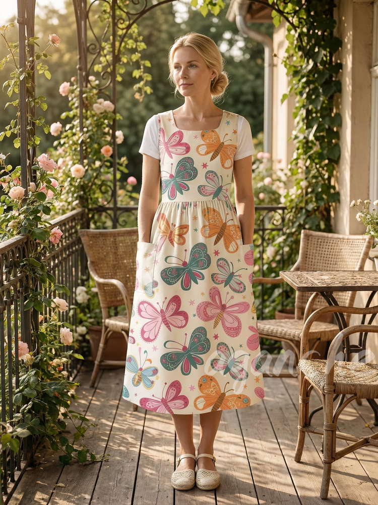 Vintage Colorful Butterfly Print Long Apron & Dress (2-in-1)