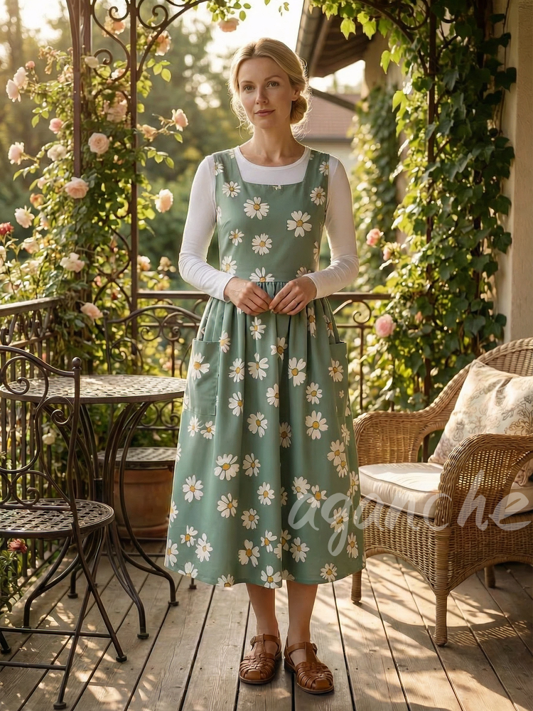 Vintage Light Green Daisy Print Long Apron & Dress (2-in-1)