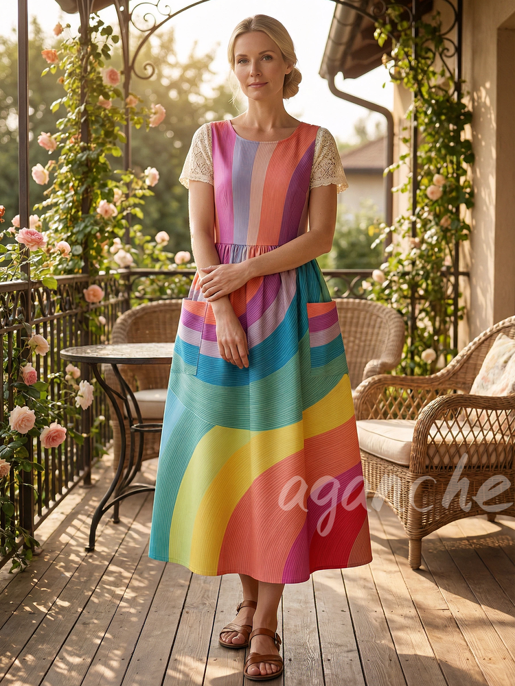 Vintage Rainbow Gradient Stripe Apron & Dress (2-in-1)