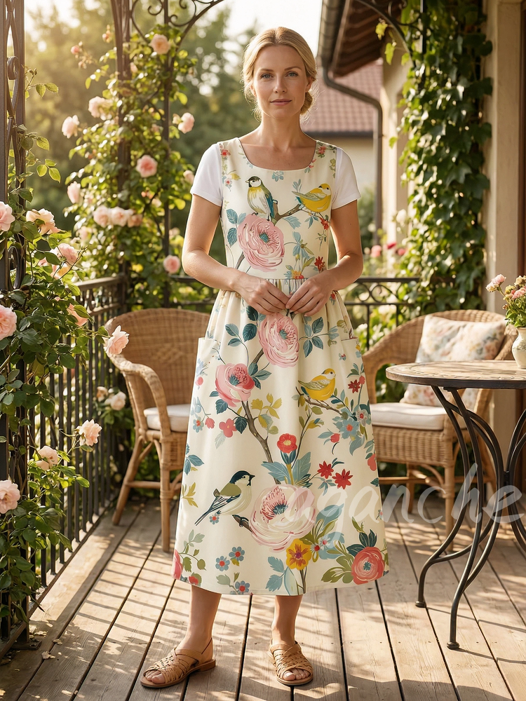 Vintage Beige-Base Bird & Floral Print Long Apron & Dress (2-in-1)