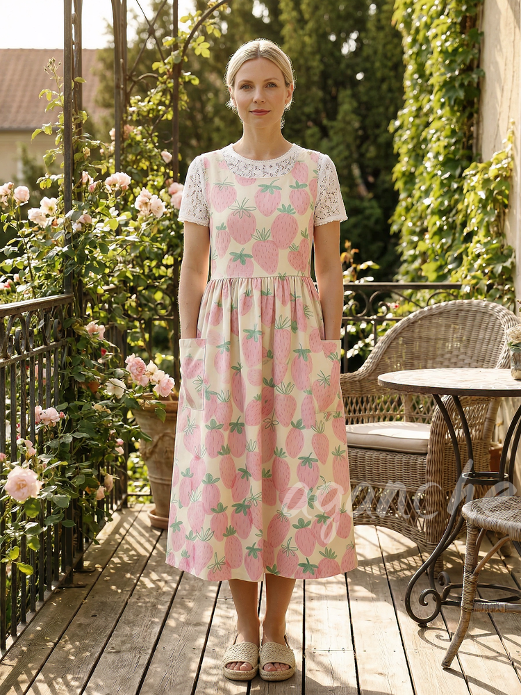 Vintage Pink Strawberry Print Long Apron & Dress (2-in-1)