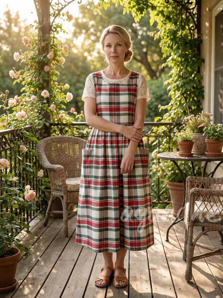 Vintage Red-White-Green Plaid Long Apron & Dress (2-in-1)