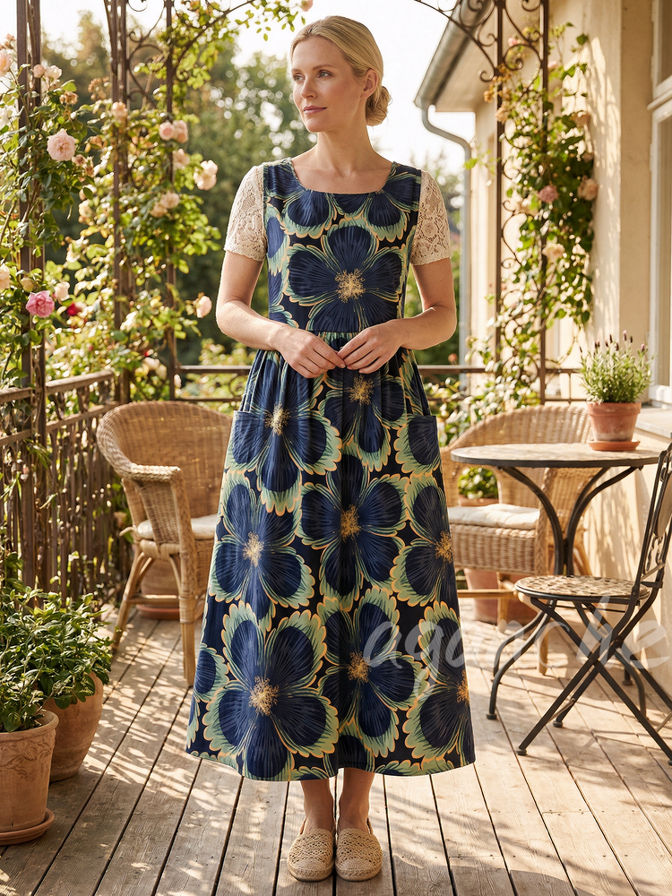 Vintage Navy Blue Large Flower Print Apron & Dress (2-in-1)