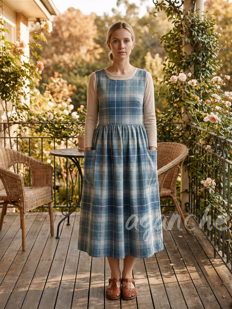 Vintage Blue Plaid Long Apron & Dress (2-in-1)