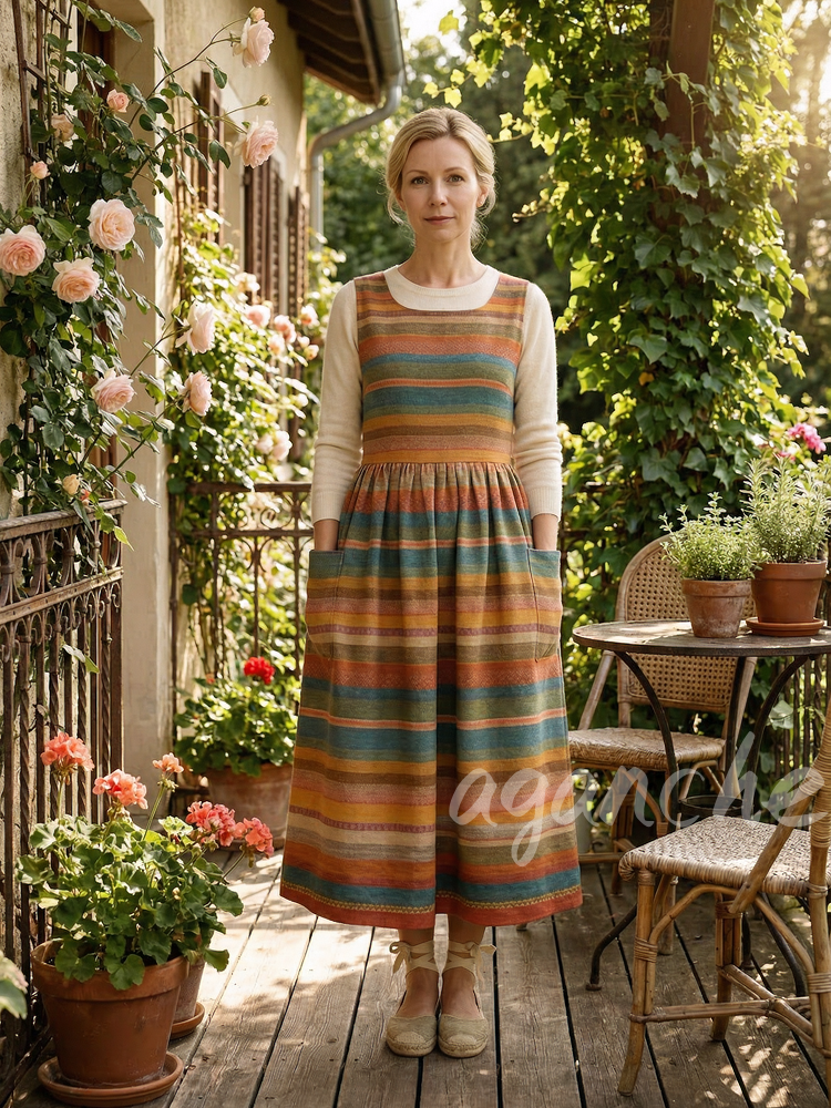 Vintage Colorful Warm-Tone Stripe Long Apron & Dress (2-in-1)